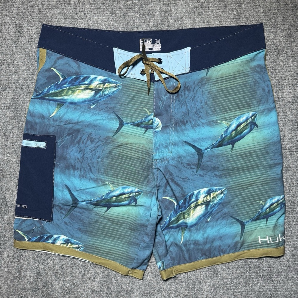 Huk Board Shorts Men 36 Blue Tropical Fish Print Trunk Unlined Quick Dry Stretch